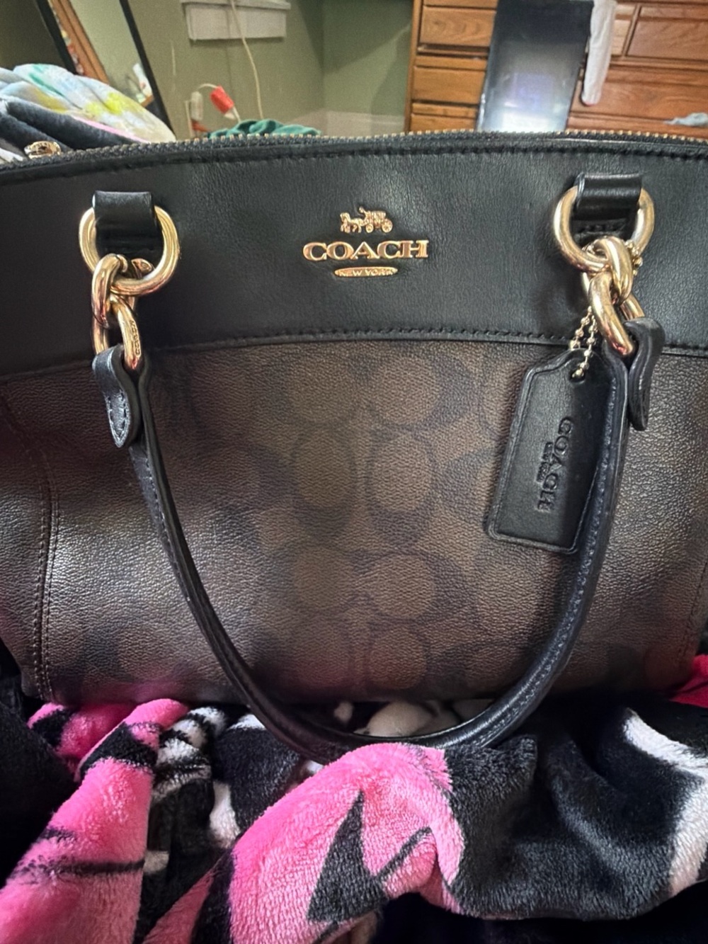 Coach Brown Monogram Shoulder Bag with Black Trim and Gold Hardware